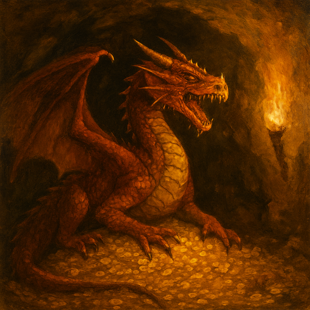 Vintage painted red dragon perched on a hoard of treasure