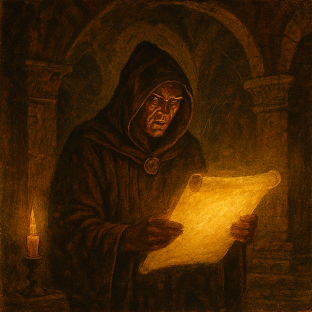 Vintage painted hooded mage holding a glowing scroll in ancient ruins