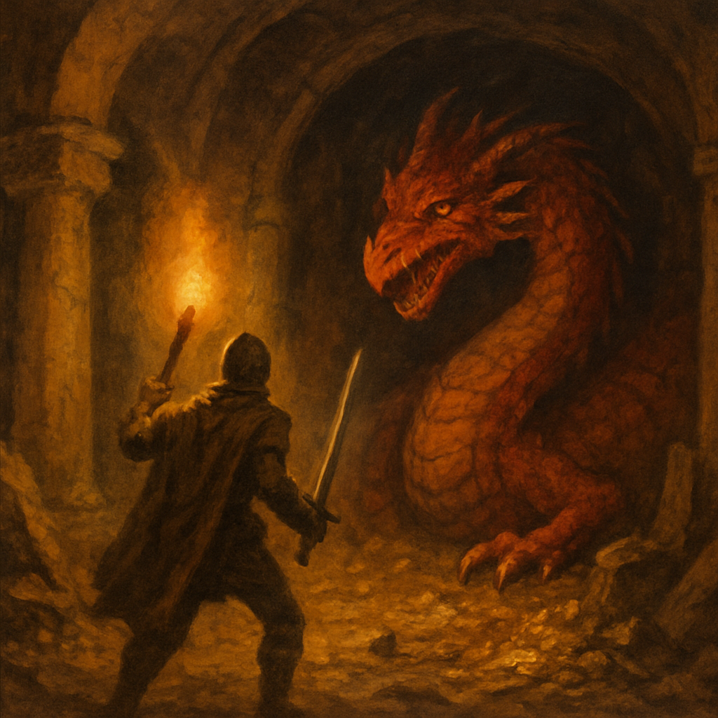 Vintage painted adventuring party exploring a glowing fantasy ruin